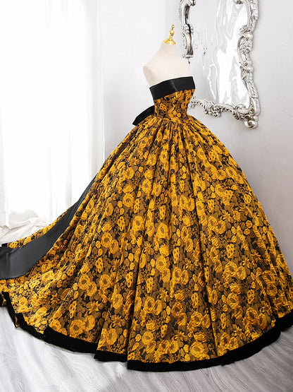 A-Line Yellow Satin Lace Long Prom Dress, Yellow Long Evening Dress ED0567