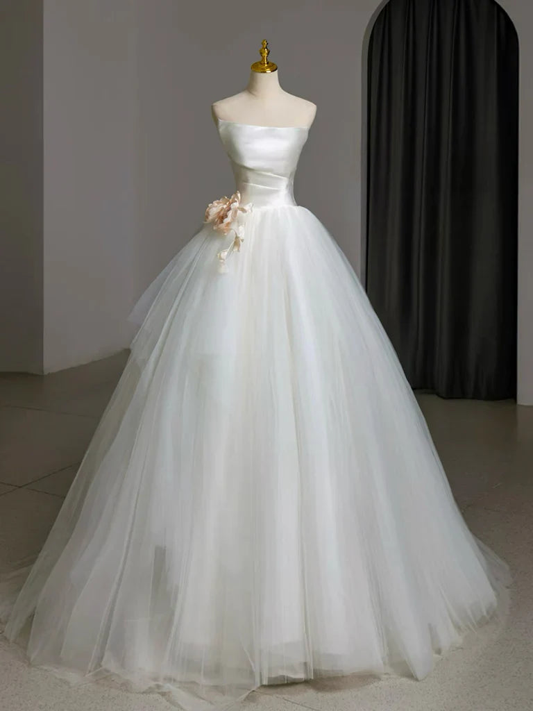 A-Line Tulle White Long Prom Dress, White Long Formal Dress ED0569