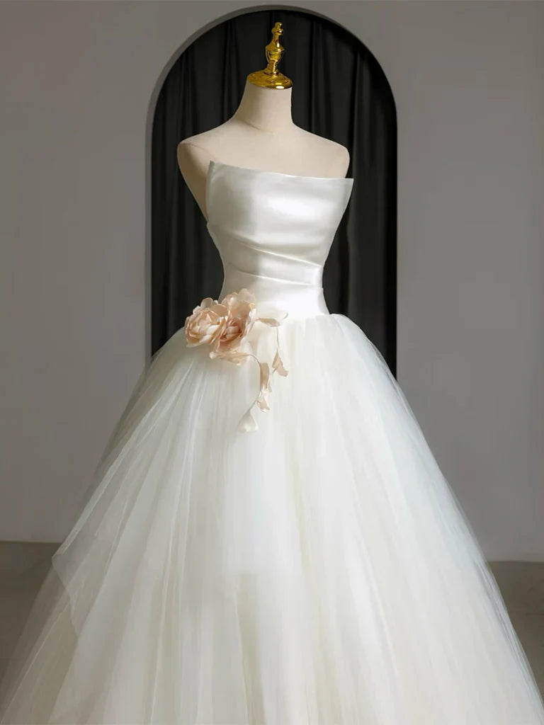 A-Line Tulle White Long Prom Dress, White Long Formal Dress ED0569