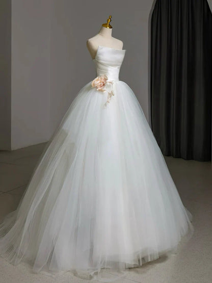 A-Line Tulle White Long Prom Dress, White Long Formal Dress ED0569