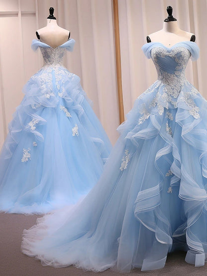 Fairytale 🩵Blue A-Line Long Prom Dress for Birthday&Quinceanera Sweet Tulle Lace off Shoulder Evening Dresses ED0570