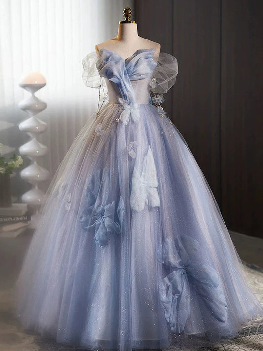 A-line Off Shoulder Tulle Flower Blue Long Prom Dress, Blue Long Formal Dress ED0571