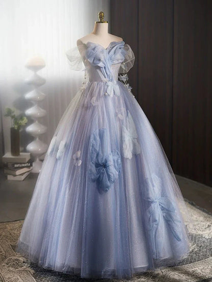 A-line Off Shoulder Tulle Flower Blue Long Prom Dress, Blue Long Formal Dress ED0571