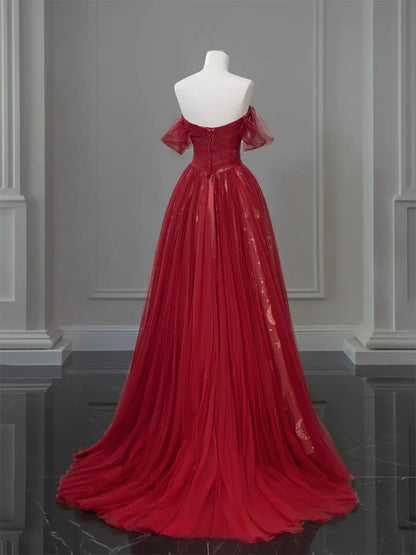 A-Line Off Shoulder Tulle Lace Burgundy Long Prom Dress ED0573