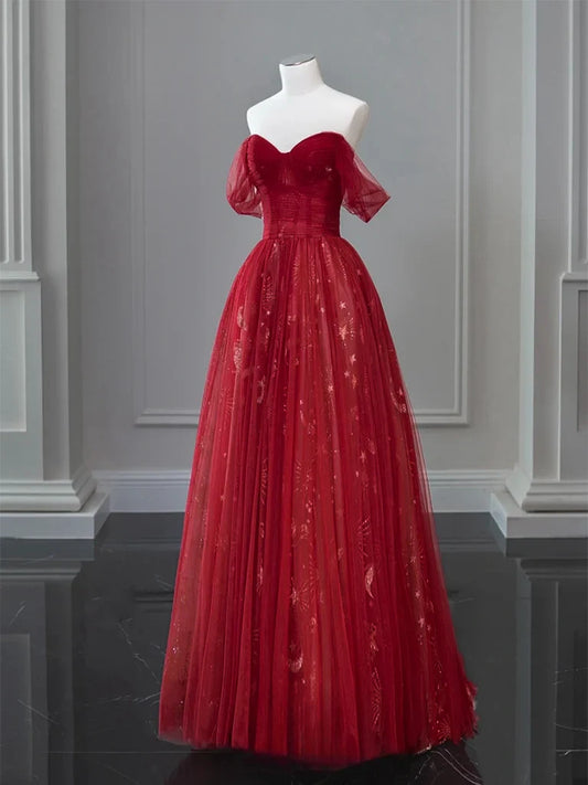 A-Line Off Shoulder Tulle Lace Burgundy Long Prom Dress ED0573