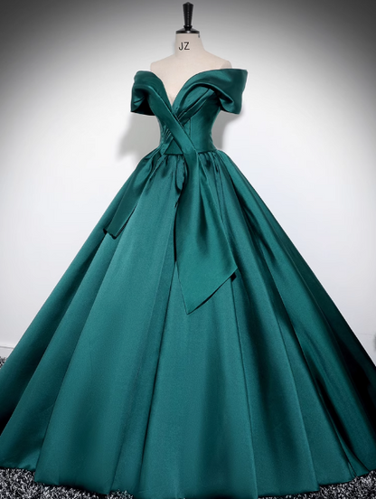 A-Line Off Shoulder Satin Green Long Prom Dress, Green Long Formal Dress ED0575
