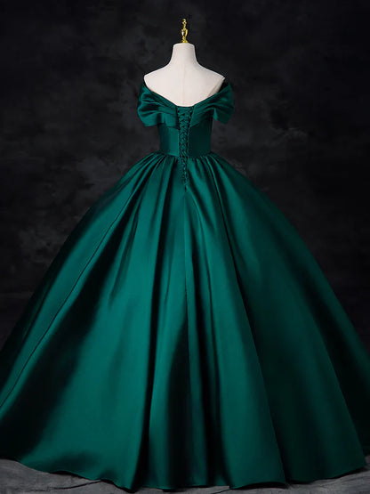 A-Line Off Shoulder Satin Green Long Prom Dress, Green Long Formal Dress ED0575