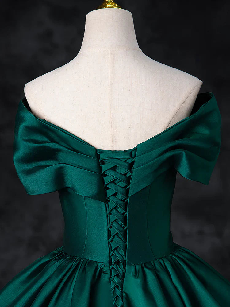 A-Line Off Shoulder Satin Green Long Prom Dress, Green Long Formal Dress ED0575