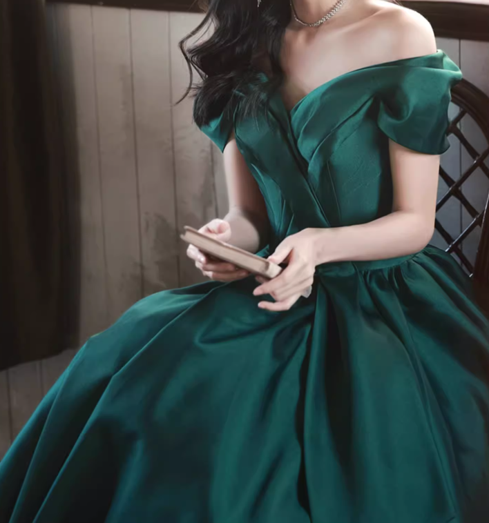 A-Line Off Shoulder Satin Green Long Prom Dress, Green Long Formal Dress ED0575