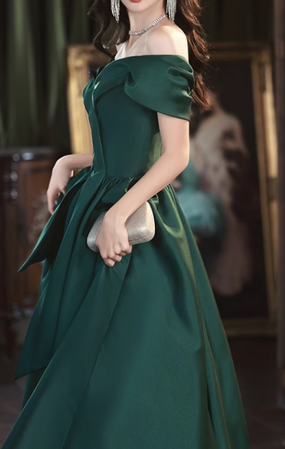 A-Line Off Shoulder Satin Green Long Prom Dress, Green Long Formal Dress ED0575