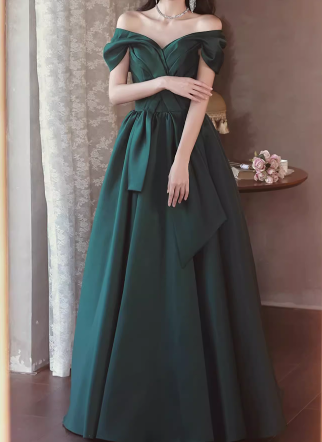 A-Line Off Shoulder Satin Green Long Prom Dress, Green Long Formal Dress ED0575