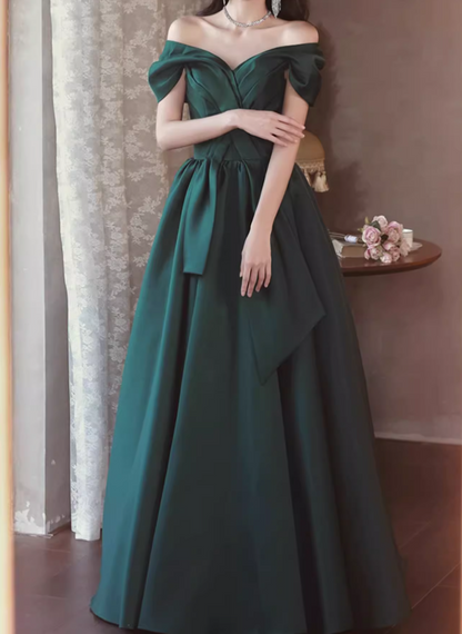 A-Line Off Shoulder Satin Green Long Prom Dress, Green Long Formal Dress ED0575