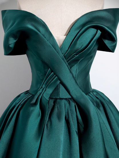 A-Line Off Shoulder Satin Green Long Prom Dress, Green Long Formal Dress ED0575