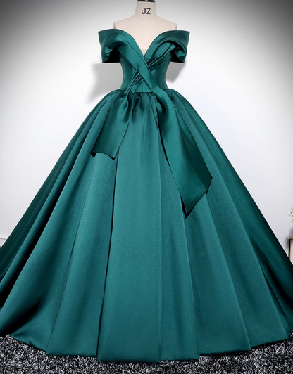 A-Line Off Shoulder Satin Green Long Prom Dress, Green Long Formal Dress ED0575