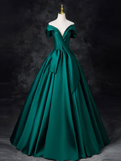 A-Line Off Shoulder Satin Green Long Prom Dress, Green Long Formal Dress ED0575