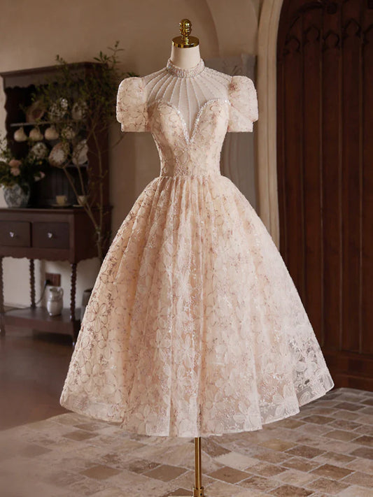 A-line Champagne Pink Tulle Lace Tea Length Prom Dress with Beads ED0578