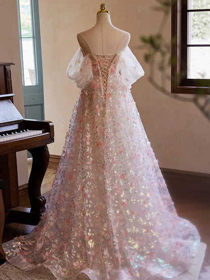 A-Line Off Shoulder Lace Tulle Pink Long Prom Dress, Pink Long Evening Dress ED058