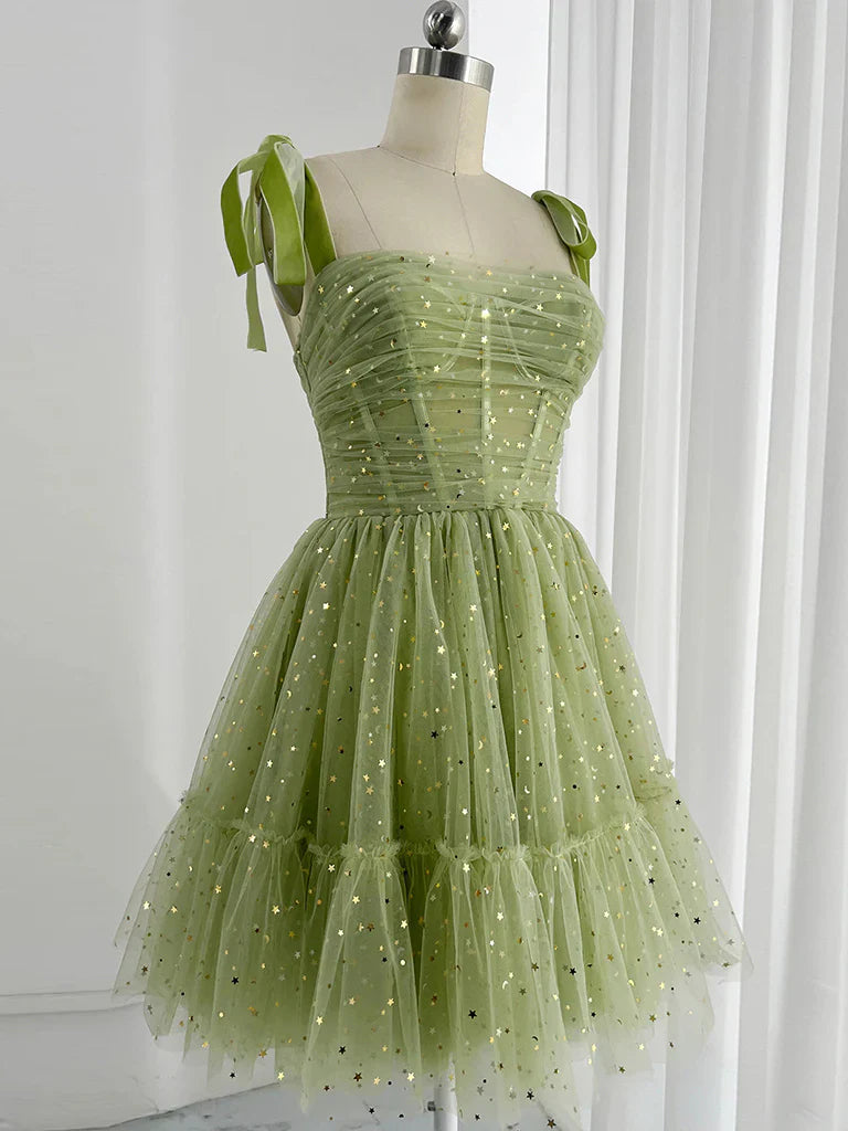 A-Line Tulle Green Short Prom Dress, Cute Green Homecoming Dress ED0581