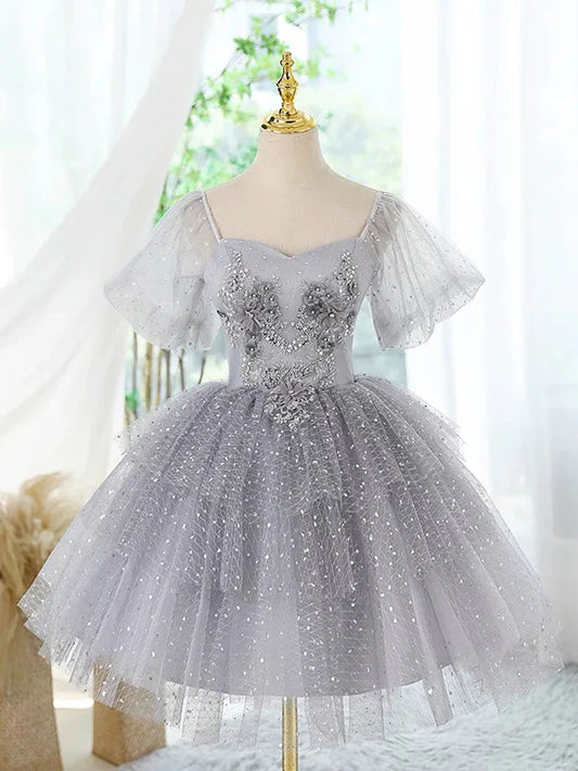 A-Line Tulle Lace Gray Short Prom Dress, Cute Gray Homecoming Dress ED0582