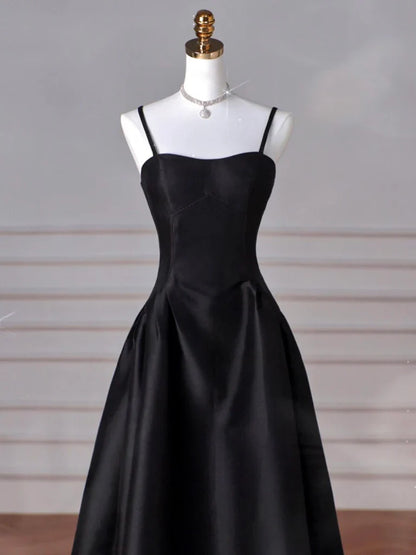 A-Line Sweetheart Neck Satin Black Long Prom Dress, Black Long Formal Dress ED0584