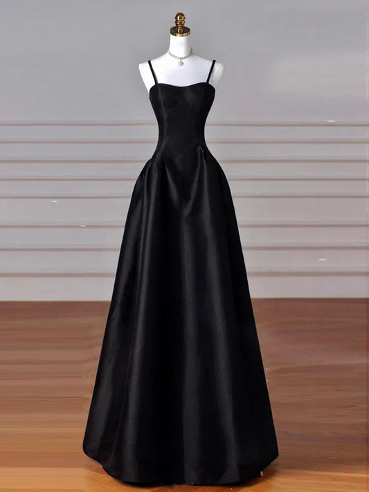 A-Line Sweetheart Neck Satin Black Long Prom Dress, Black Long Formal Dress ED0584