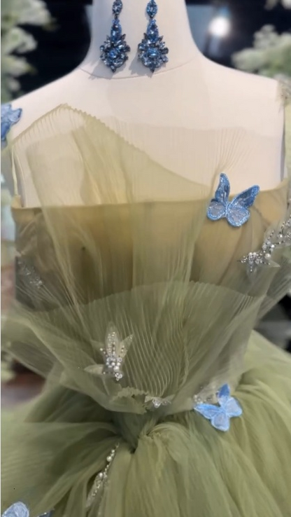 A-Line Tulle Green Long Prom Dress, Green Tulle Long Sweet 16 Dress ED0587