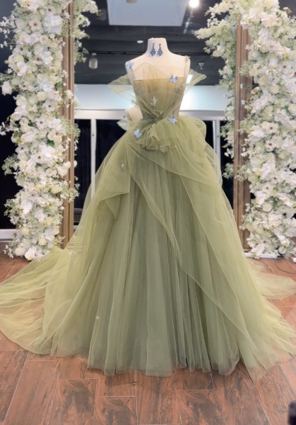 A-Line Tulle Green Long Prom Dress, Green Tulle Long Sweet 16 Dress ED0587