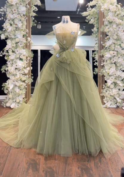 A-Line Tulle Green Long Prom Dress, Green Tulle Long Sweet 16 Dress ED0587