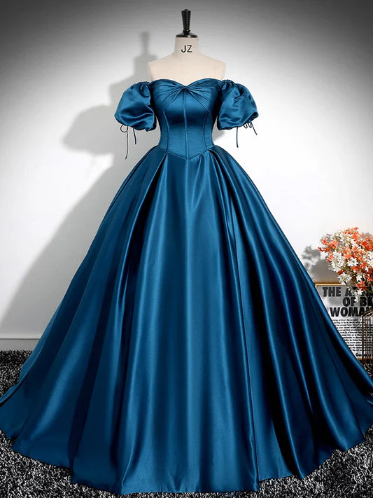 A-Line Puff Sleeves Satin Peacock Blue Long Prom Dress, Peacock Blue Long Formal Dress ED0588