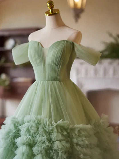 A-Line Off Shoulder Sweetheart Neck Tulle Green Long Prom Dress ED059