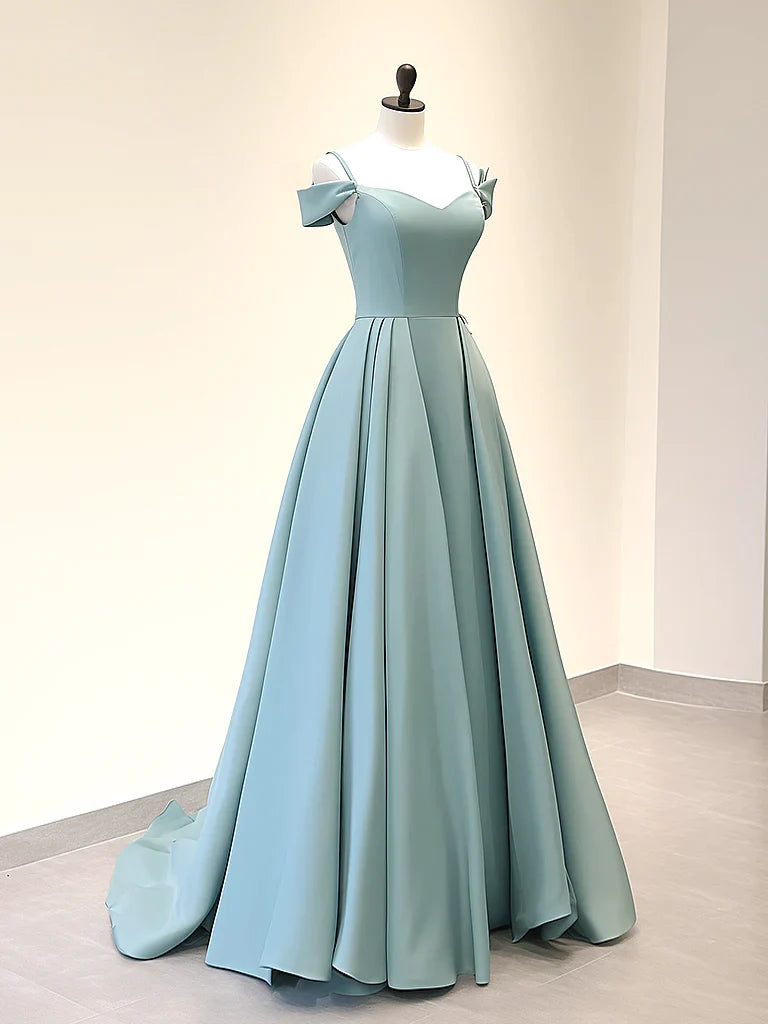 A-Line Off Shoulder Satin Blue Long Prom Dress, Blue Long Evening Dress ED0590
