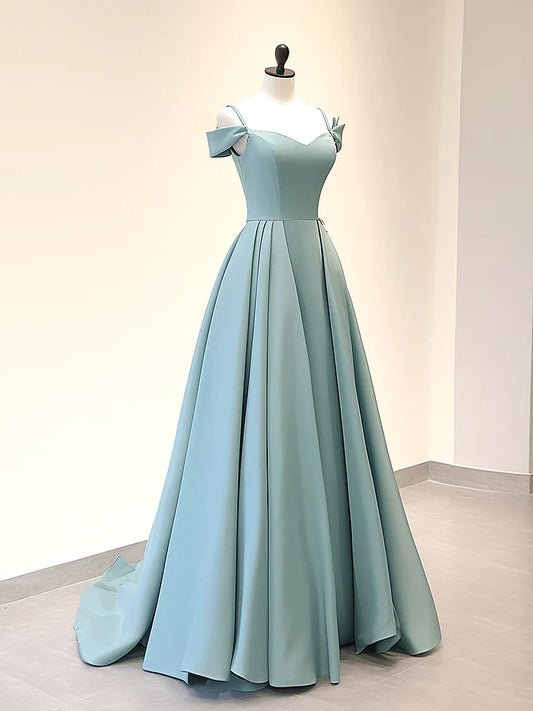 A-Line Off Shoulder Satin Blue Long Prom Dress, Blue Long Evening Dress ED0590