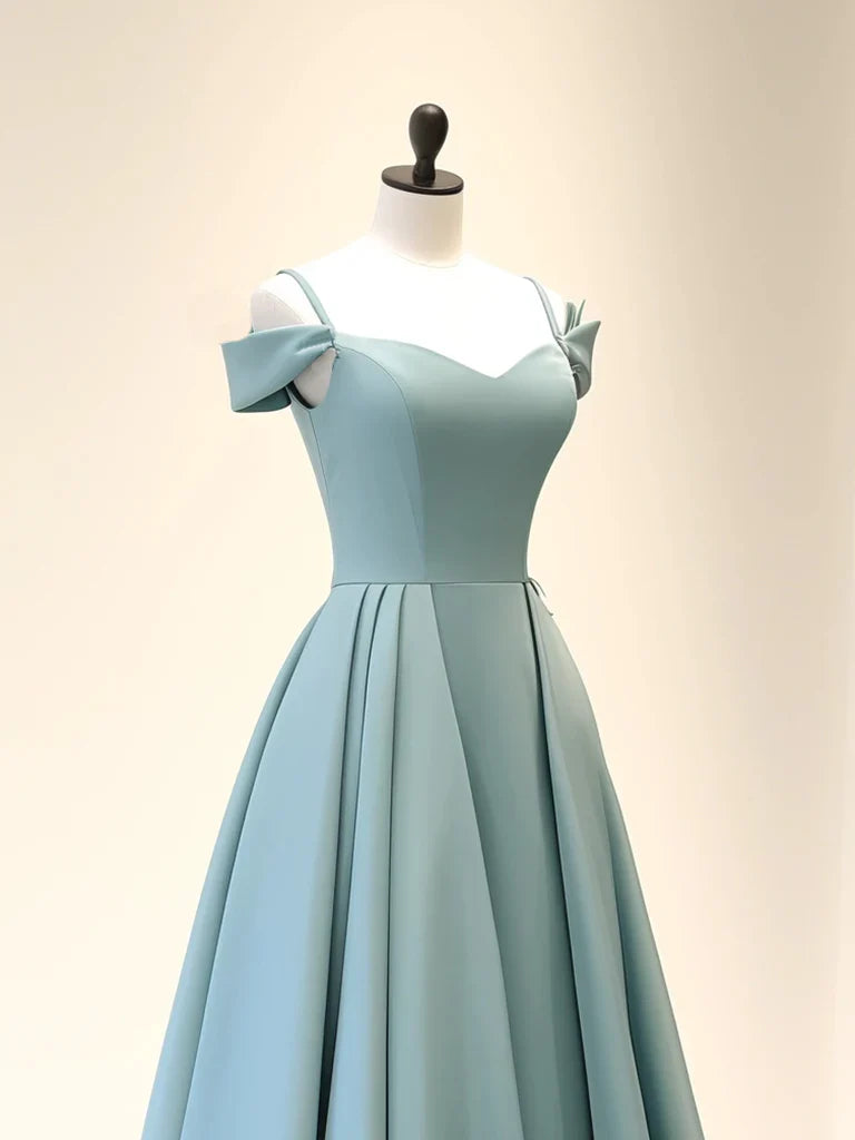 A-Line Off Shoulder Satin Blue Long Prom Dress, Blue Long Evening Dress ED0590