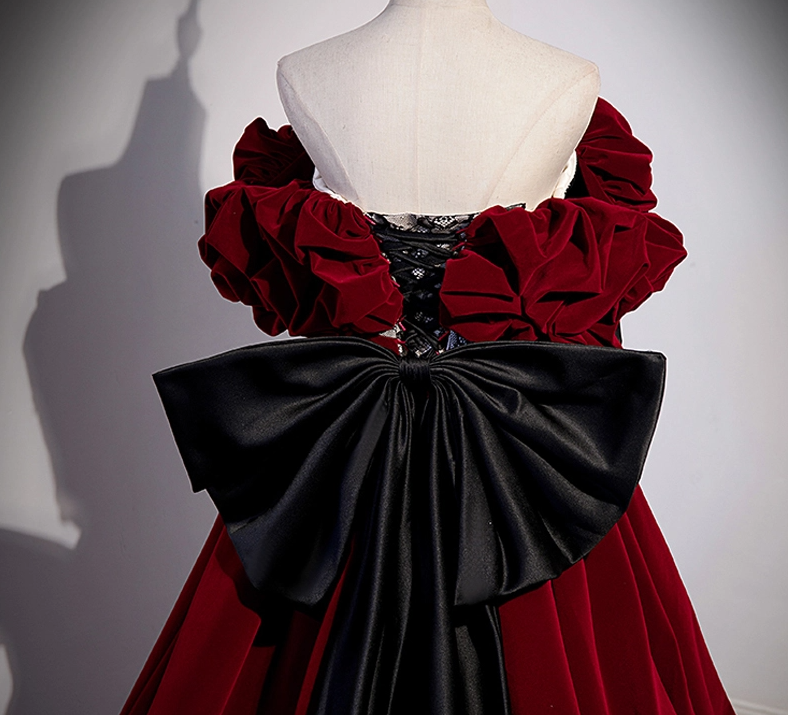 A-Line Off Shoulder Velvet Lace Burgundy Long Prom Dress, Burgundy Long Formal Dress ED0592