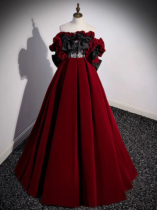 A-Line Off Shoulder Velvet Lace Burgundy Long Prom Dress, Burgundy Long Formal Dress ED0592