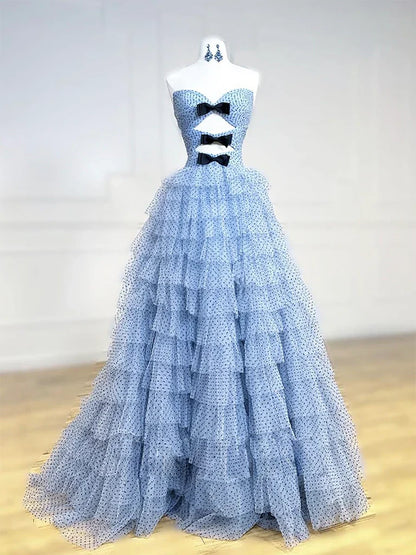 A-Line Sweetheart Neck Polka Dots Tulle Blue Long Prom Dress, Blue Long Formal Dress ED0594
