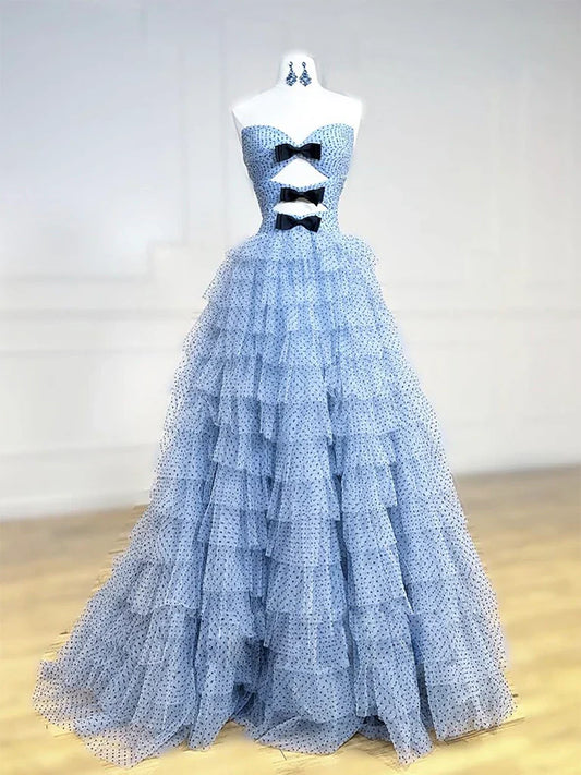 A-Line Sweetheart Neck Polka Dots Tulle Blue Long Prom Dress, Blue Long Formal Dress ED0594