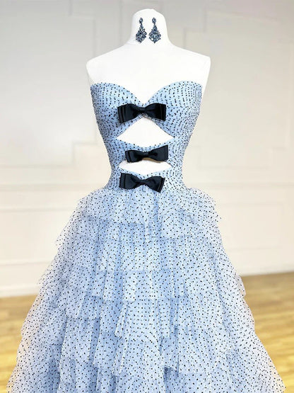 A-Line Sweetheart Neck Polka Dots Tulle Blue Long Prom Dress, Blue Long Formal Dress ED0594