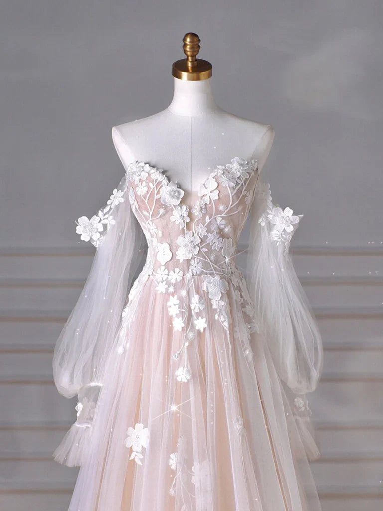 A-Line Long Sleeves Tulle Lace Champagne Long Prom Dress, Champagne Long Formal Dress ED0595