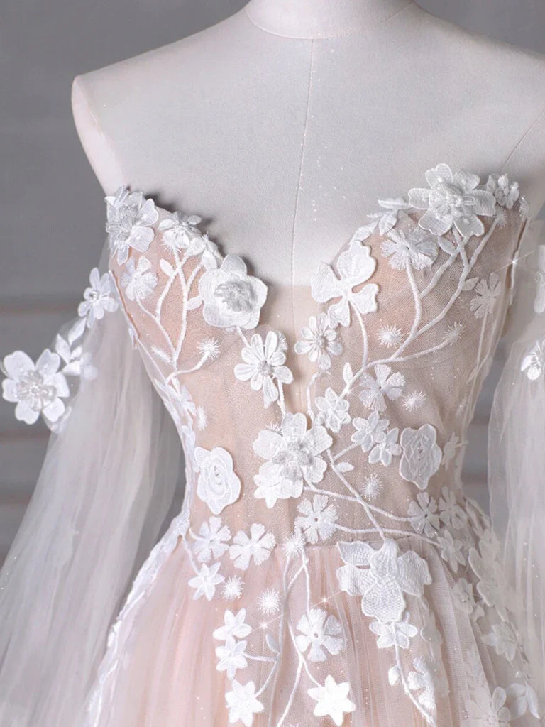 A-Line Long Sleeves Tulle Lace Champagne Long Prom Dress, Champagne Long Formal Dress ED0595