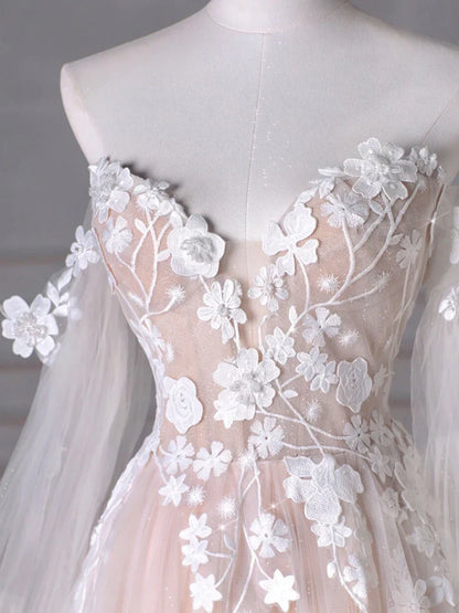 A-Line Long Sleeves Tulle Lace Champagne Long Prom Dress, Champagne Long Formal Dress ED0595