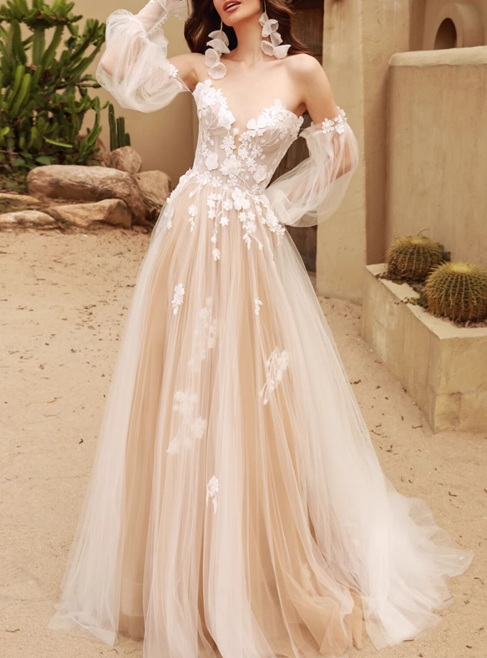 A-Line Long Sleeves Tulle Lace Champagne Long Prom Dress, Champagne Long Formal Dress ED0595