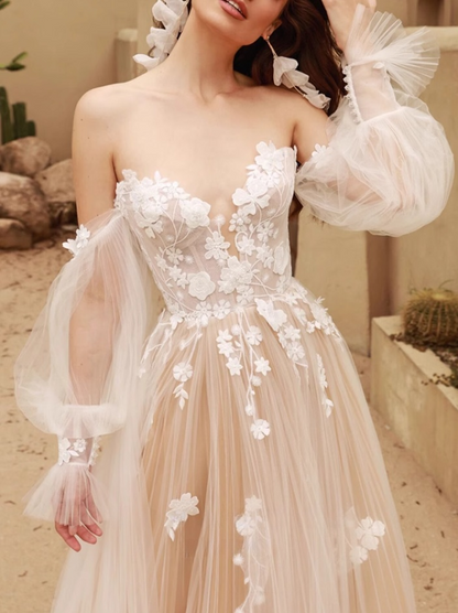 A-Line Long Sleeves Tulle Lace Champagne Long Prom Dress, Champagne Long Formal Dress ED0595