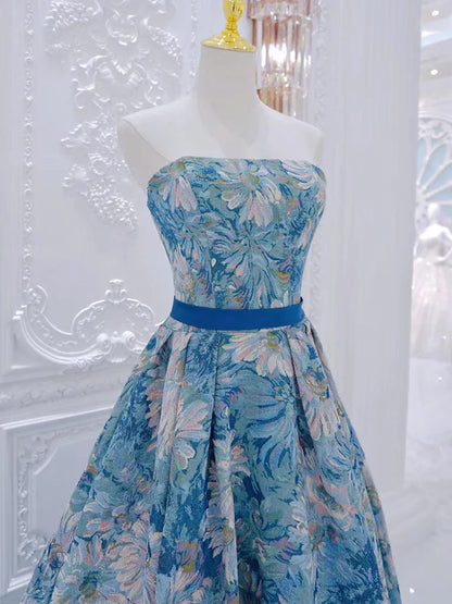 A-Line Flower Satin Blue Long Prom Dress, Blue Long Formal Dress ED0596