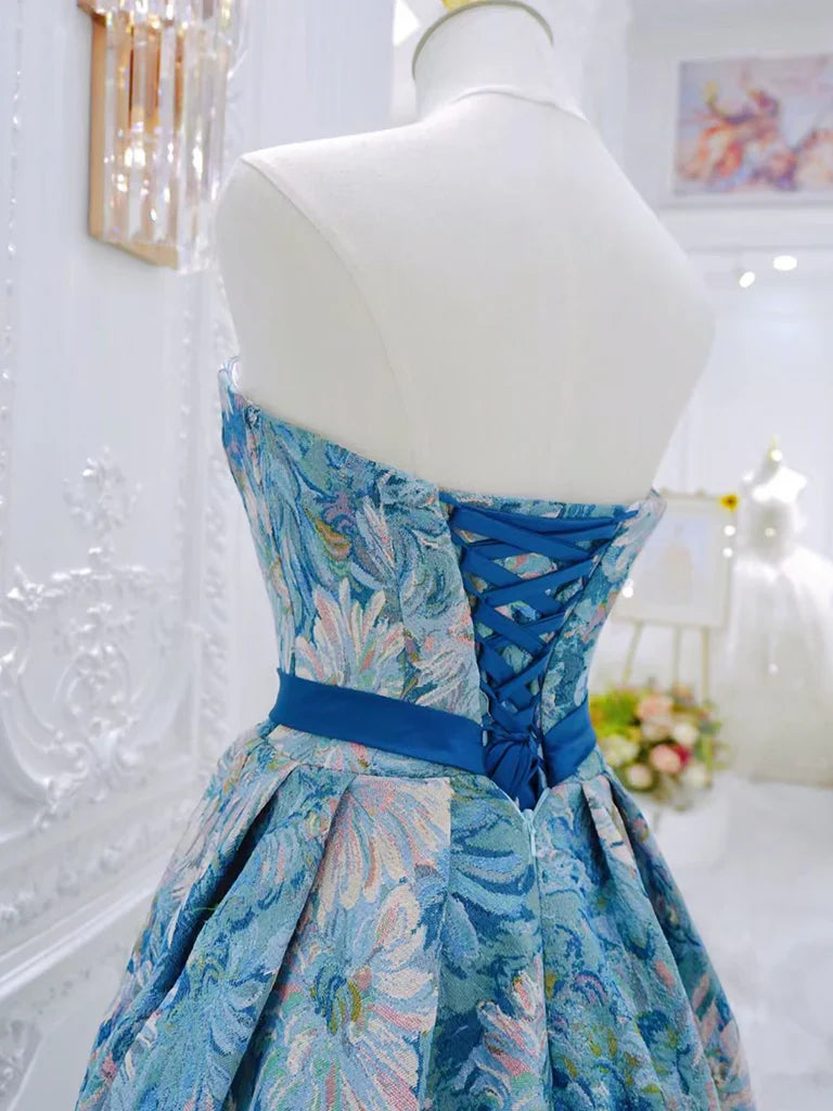 A-Line Flower Satin Blue Long Prom Dress, Blue Long Formal Dress ED0596