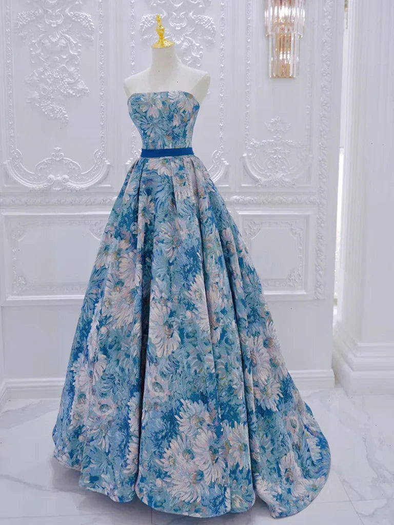 A-Line Flower Satin Blue Long Prom Dress, Blue Long Formal Dress ED0596