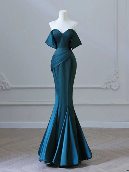 Simple Off Shoulder Satin Ink Blue Long Prom Dress, Ink Blue Long Formal Dress ED0598