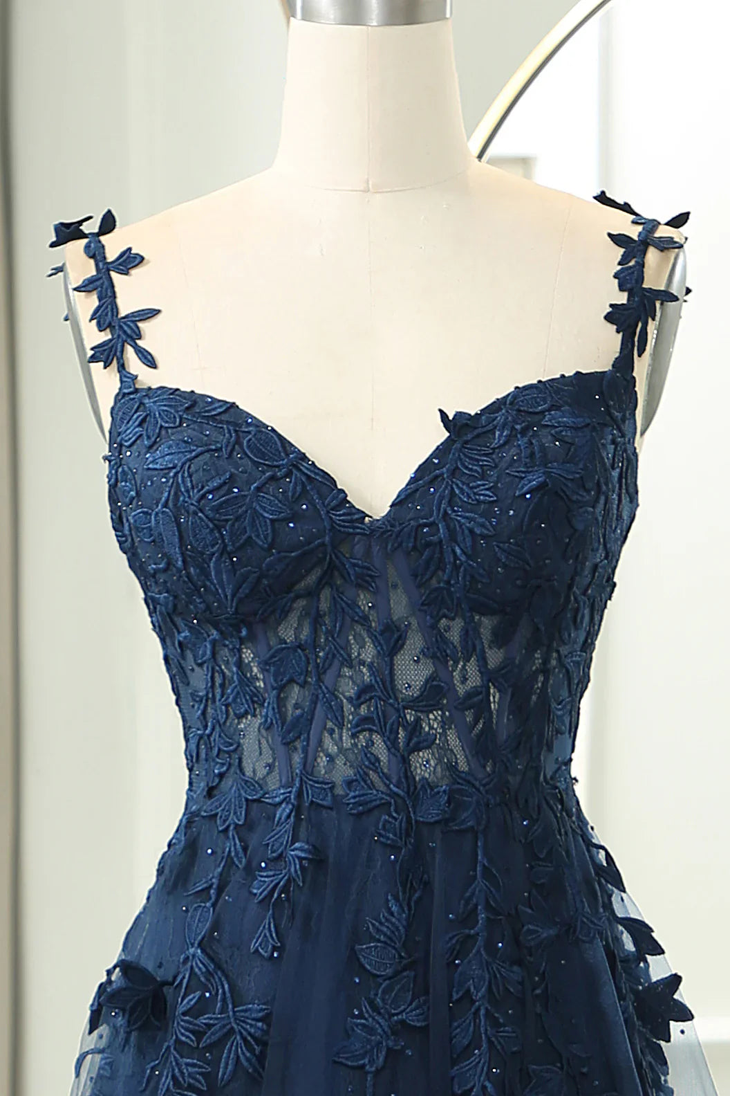 A-Line Elegant Sweetheart Neck Tulle Lace Dark Blue Long Prom Dress, Dark Blue Long Evening Dress   ED080