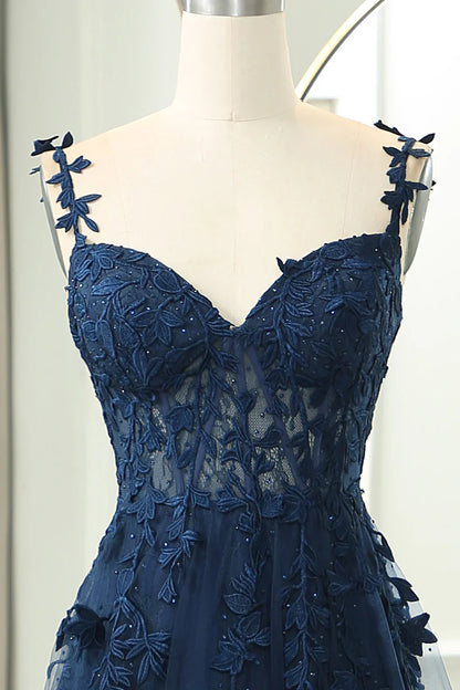 A-Line Elegant Sweetheart Neck Tulle Lace Dark Blue Long Prom Dress, Dark Blue Long Evening Dress   ED080