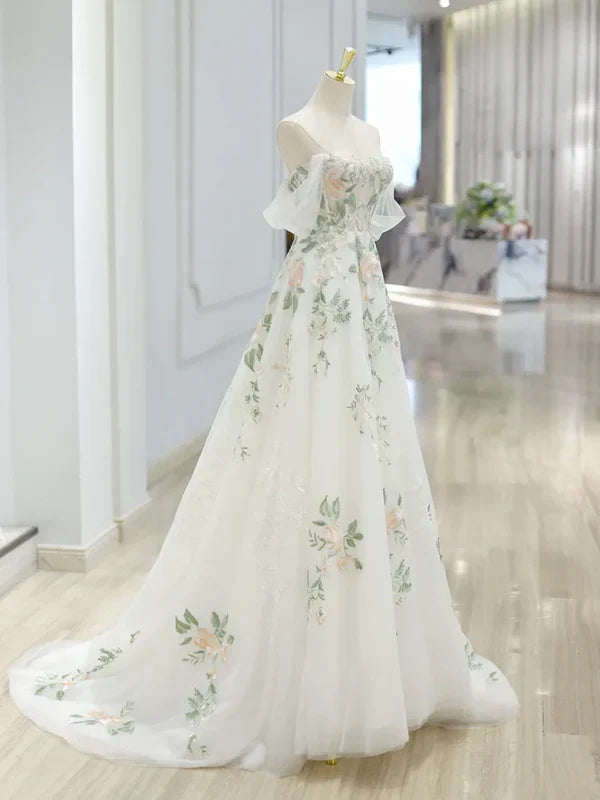 White exquisite floral fashion short sleeve long tulle floor length ball gown, evening dress, party dress gh3524